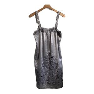 Nelli USA Womens M Silver Satin Floral Lace Trim Slip Dress Cocktail Party